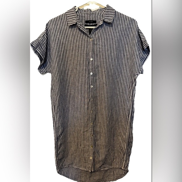 TAHARI 100% Linen Blue White Stripe Collared Short Sleeve Midi Shirt Dress XS - Picture 1 of 5